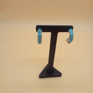 SOUTHWEST STYLE OVAL & ROUND BLUE TURQUOISE RHODIUM OVER SILVER J-HOOP EARRINGS